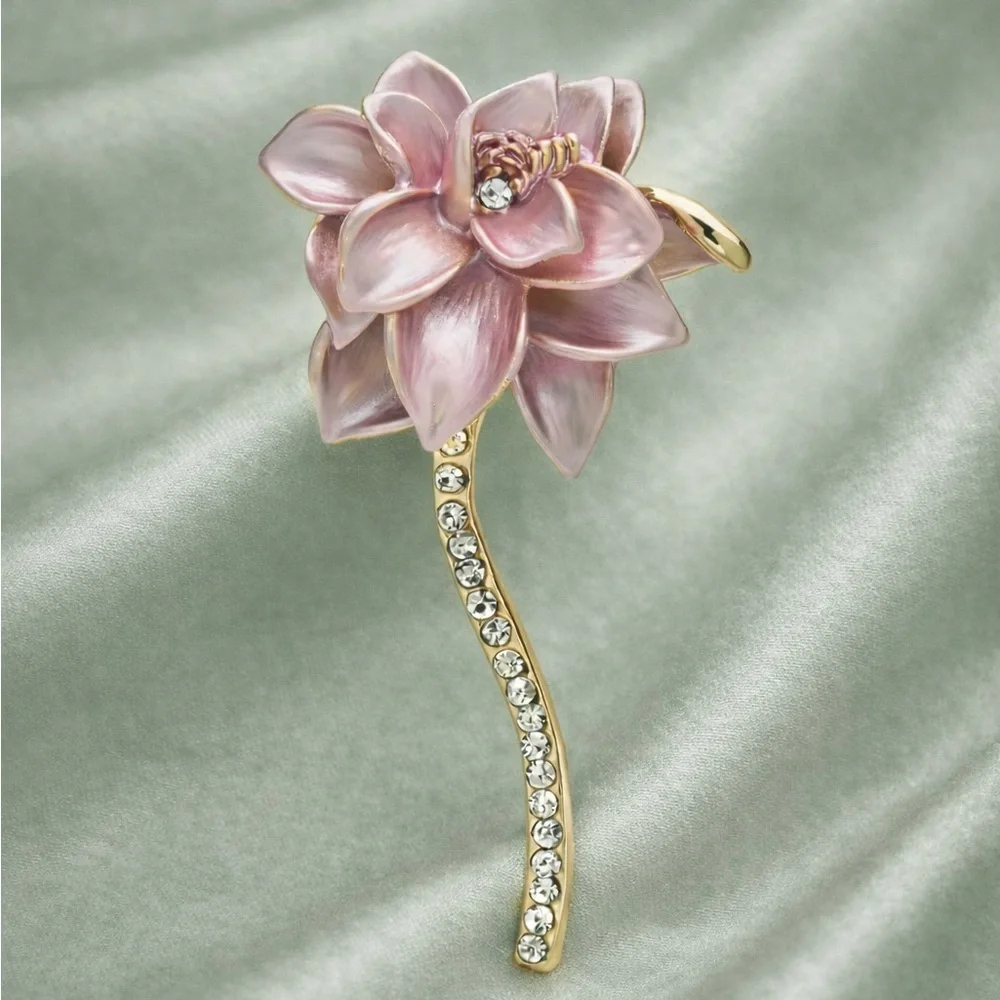 Pink Flower Gold Crystal Brooch